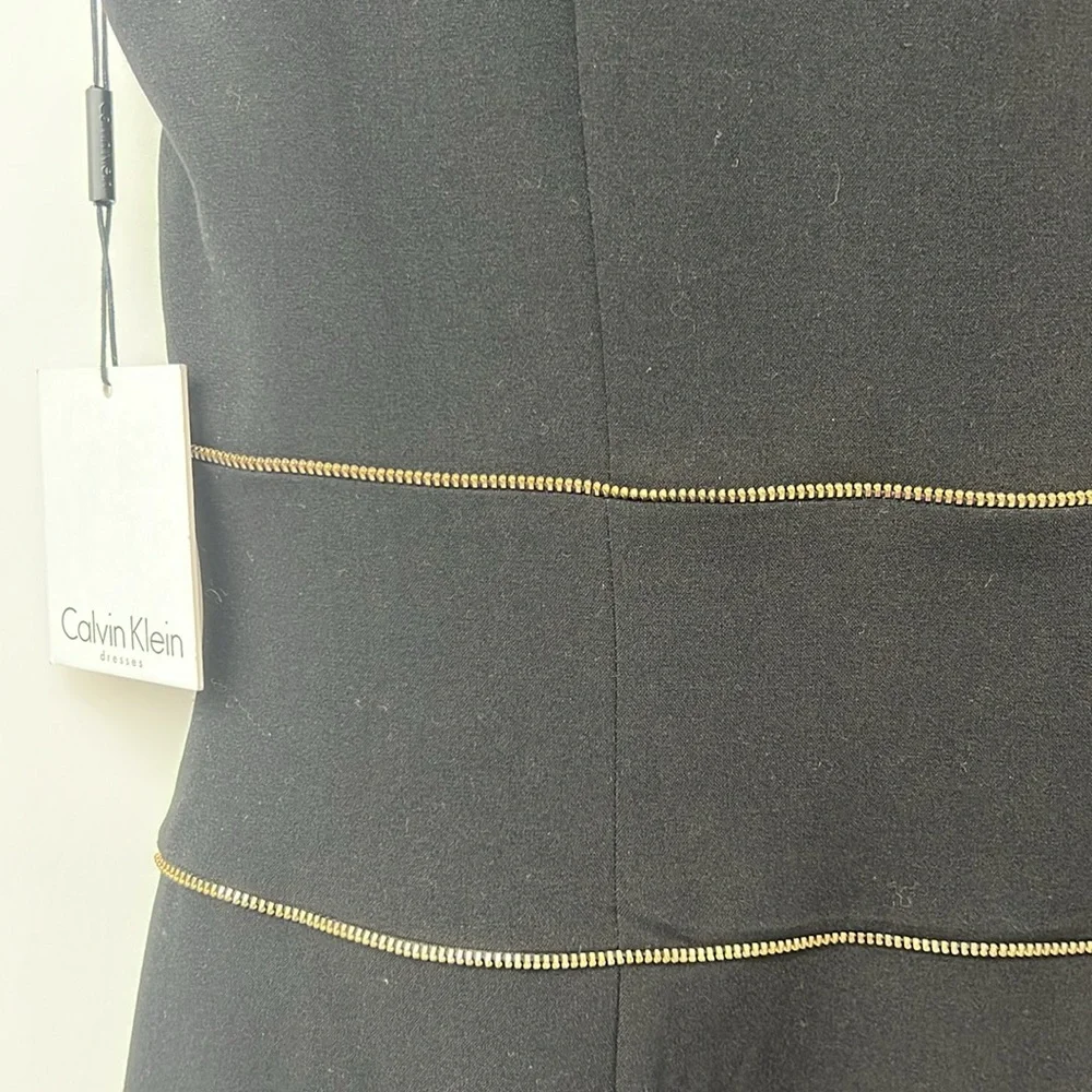 CALVIN KLEIN | Black Sheath Dress with Accent Contouring Gold Zipper Piping - Picture 11 of 12
